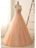 Peach Tulle Beads Sweetheart Neckline Long Prom Dress